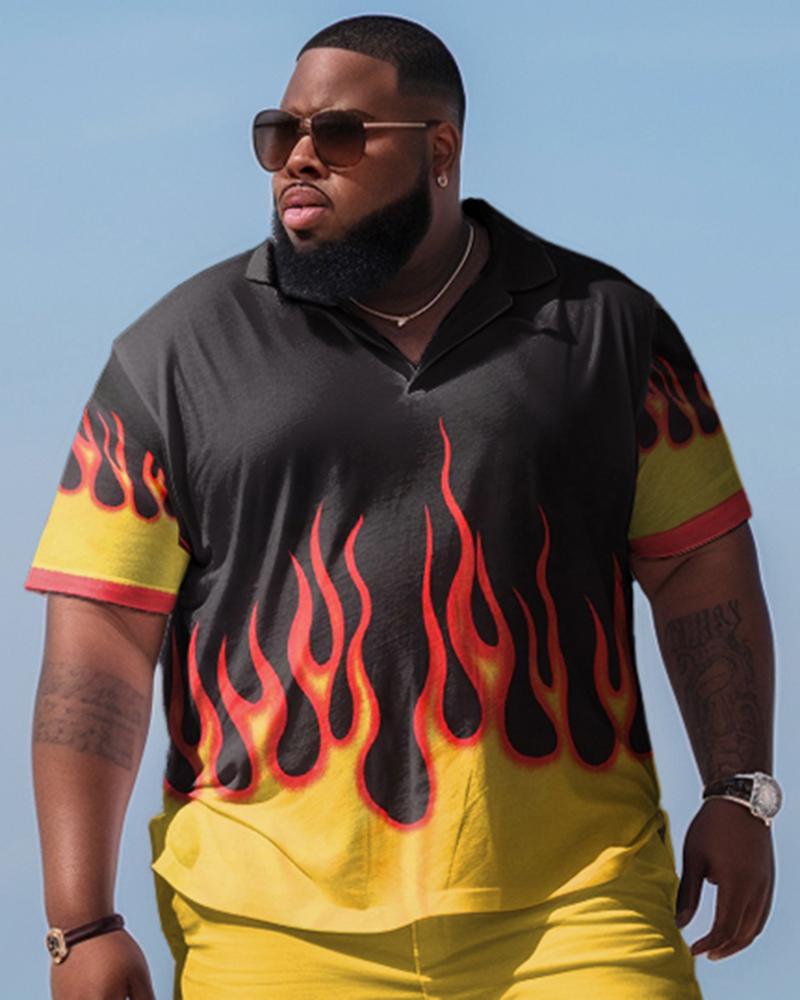 Men's Plus Size Beach Hawaiian Yellow Flame Print Two-Piece Set