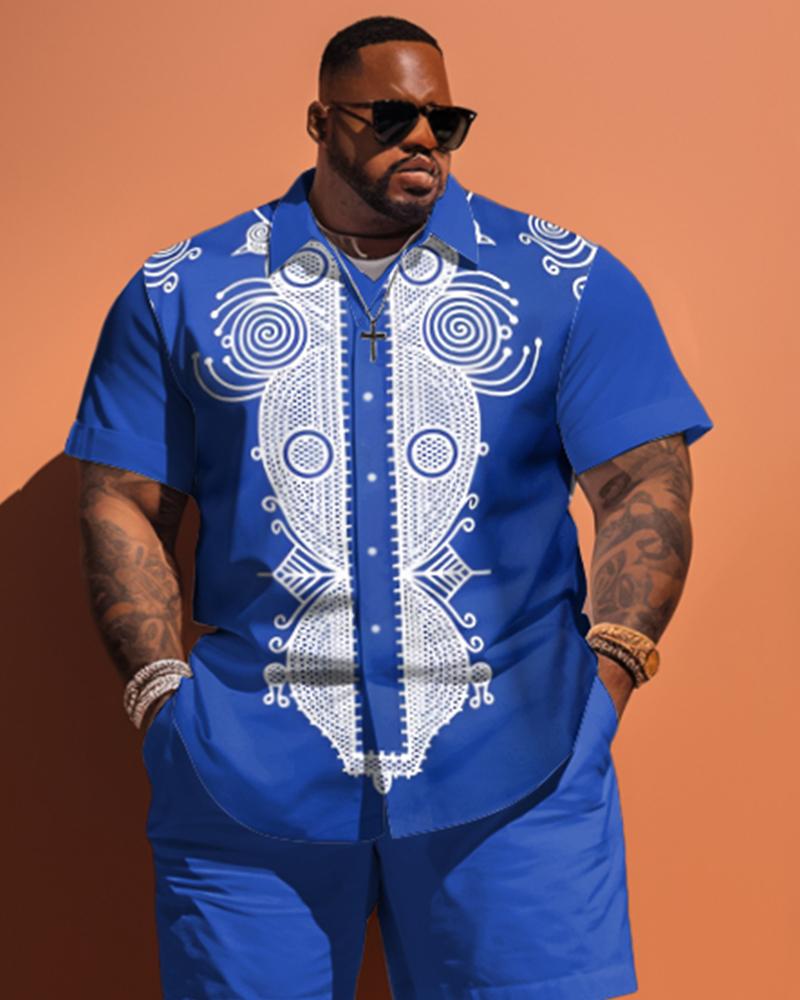 Men's Plus Size Simple Pattern Short Sleeve Shirt And Shorts Set