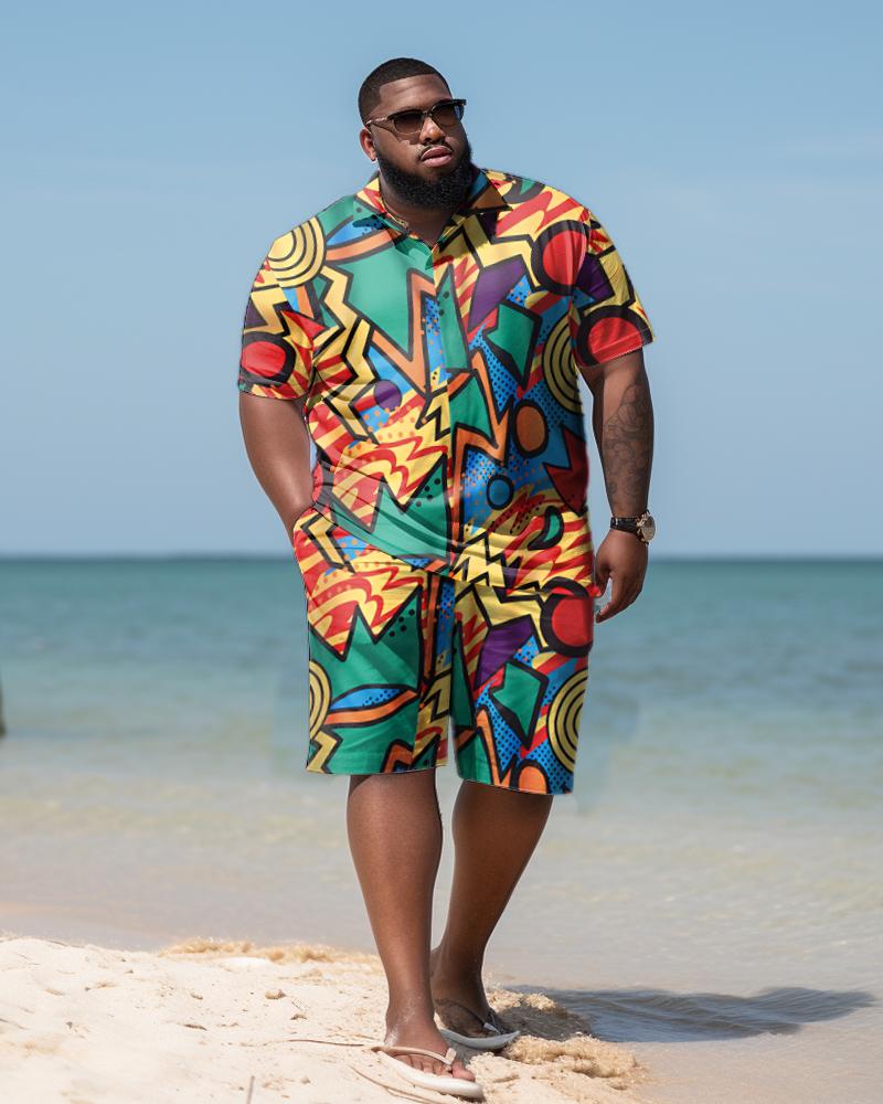 Men's Plus Size Doodle Cartoon Beach Hawaiian Two-Piece Set