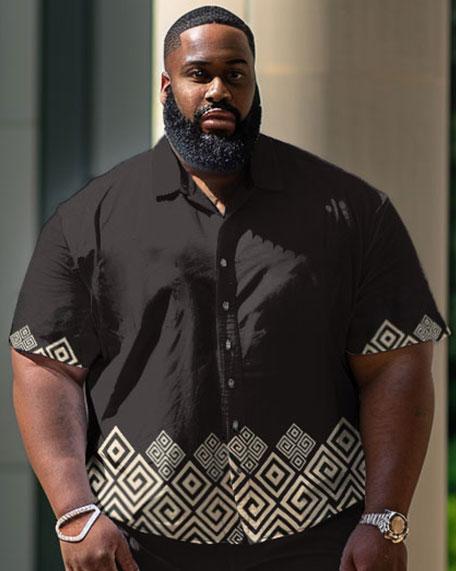 Men's Plus Size Casual Geometric Printed Black Short Shirt Shorts Suit Short Shirt Shorts Suit