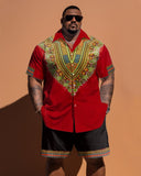 Men's Plus Size Ethnic Pattern Short Sleeve Shirt And Shorts Set