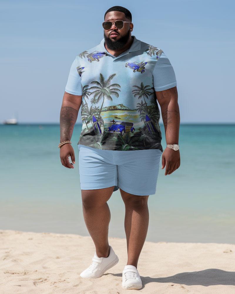 Men's Large Size Hawaiian Colorblock Coconut Blue Shirt and Shorts Two Piece Set