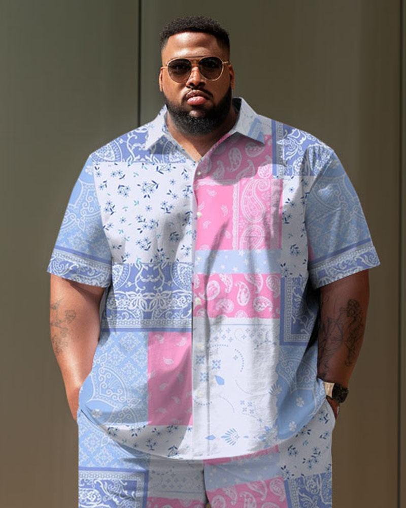 Men's Plus Size Casual Vacation Retro Pattern Short Sleeve Shirt Shorts Suit