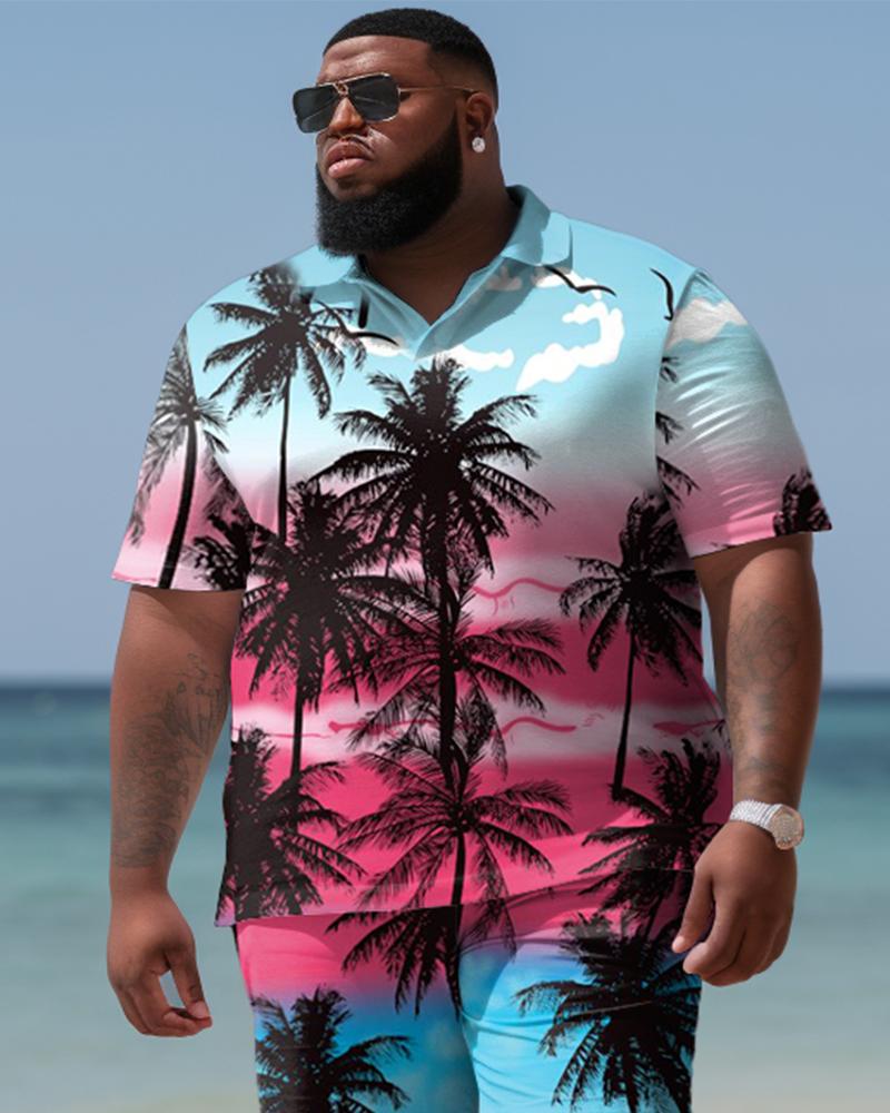 Hawaiian Coconut Gradient Shirt And Shorts Two-Piece Men's Plus Size Set