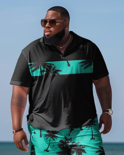 Men's Plus Size Hawaiian Art Coconut Color Block Shirt And Shorts Two-Piece Set