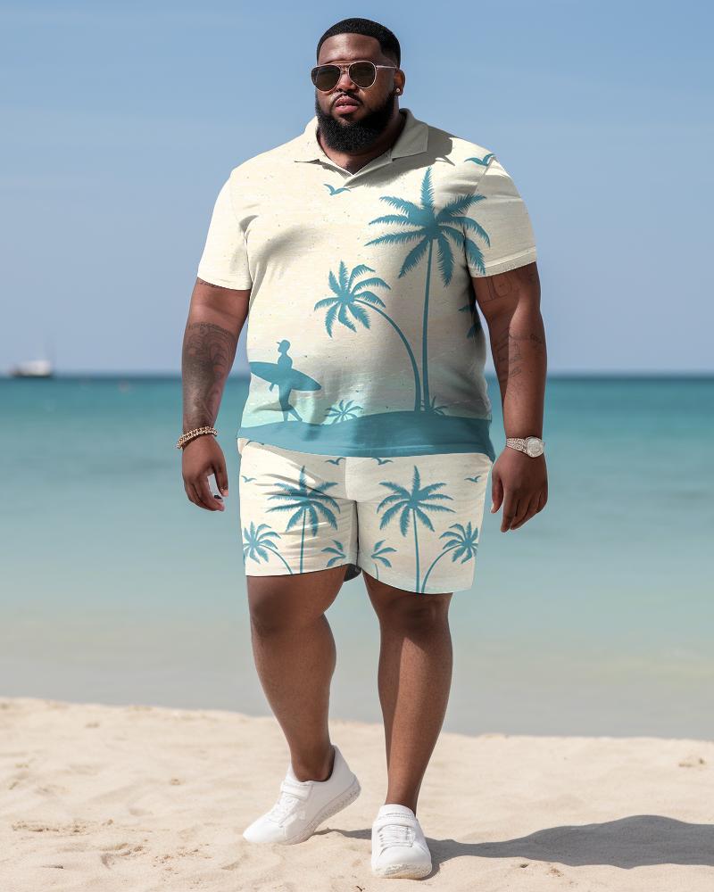 Men's Plus Size Hawaiian Art Coconut Color Block Shirt And Shorts Two-Piece Set