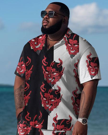 Men's Plus Size Hawaiian Color Block Devil Shirt Shorts Two Piece Set