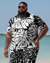 Load image into Gallery viewer, Hawaiian Leaf Black And White Shirt And Shorts Two-piece Men&#39;s Plus Size Set