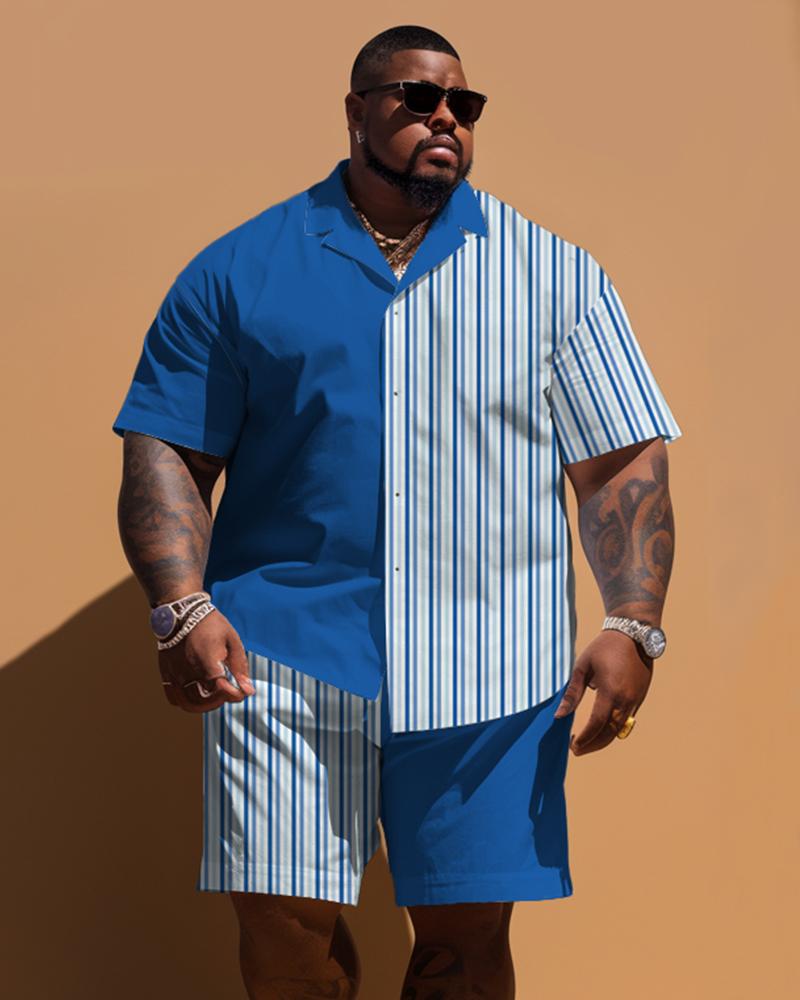 Men's Plus Size Striped Patchwork Short Sleeve Shirt Shorts Set