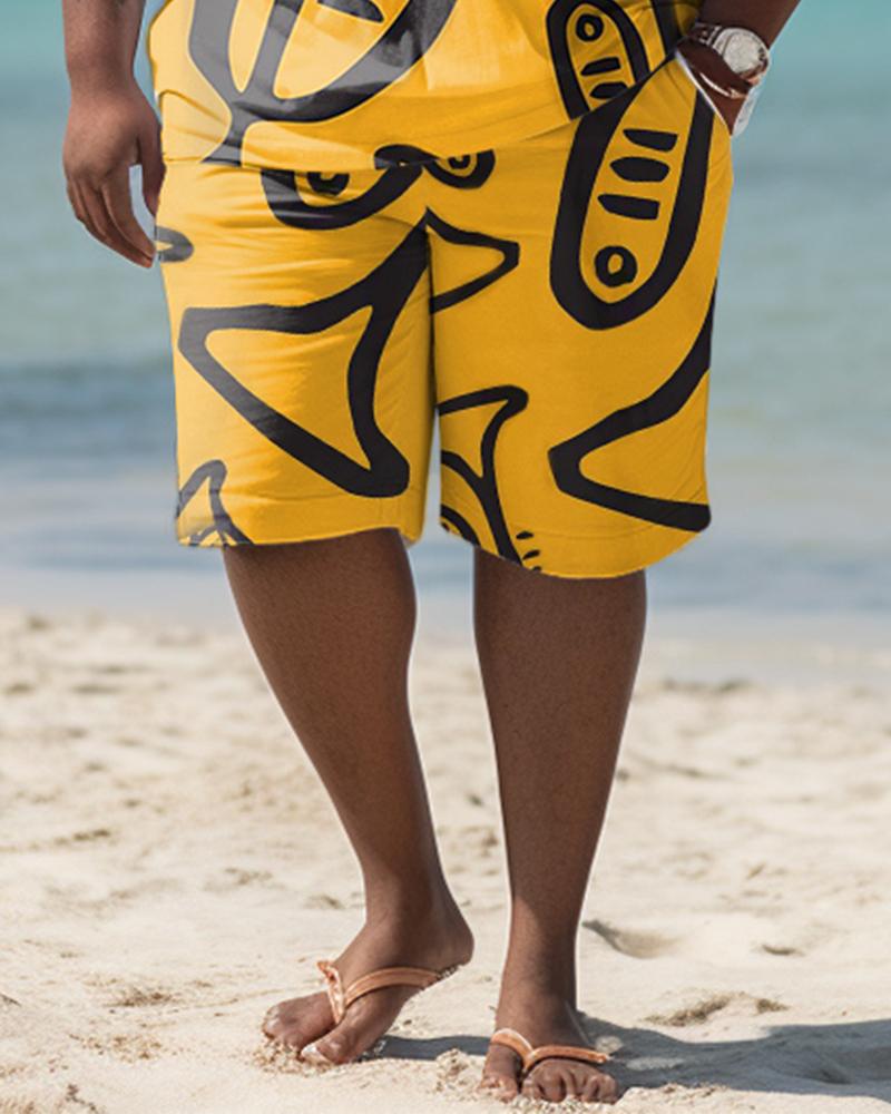 Men's Plus Size Doodle Beach Hawaiian Style Two-Piece Set