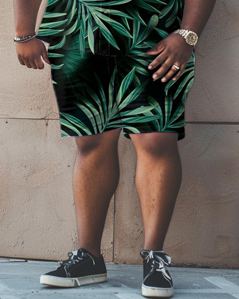 Men's Plus Size Leaf Pattern Short Sleeve Shirt Shorts Set