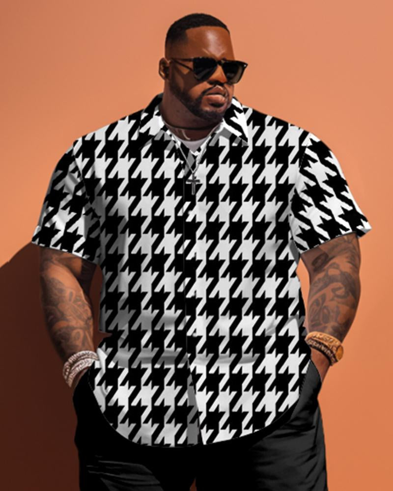 Men's Plus Size Classic Houndstooth Pattern Short Sleeve Shirt Shorts Set