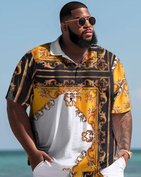 Men's Large Size Hawaiian Chain Pattern Art Color Block Shirt and Shorts Two-piece Set