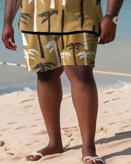 Men's Large Size Hawaiian Coconut Tree Pattern Art Color Block Shirt and Shorts Two-piece Set