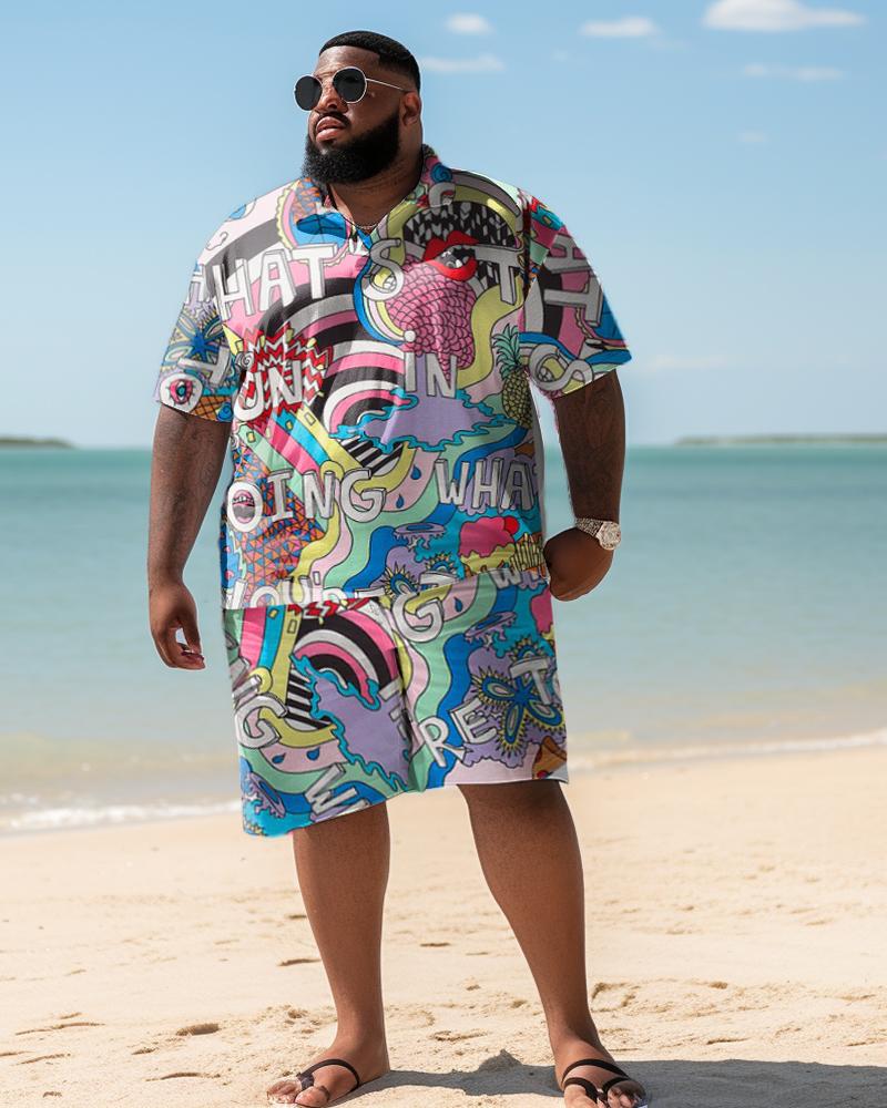 Men's Plus Size Beach Hawaiian Print Two-Piece Set