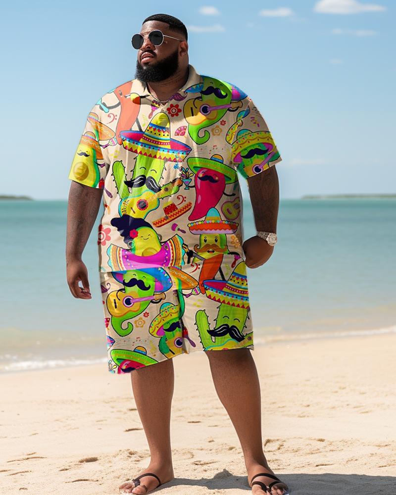 Men's Plus Size Hawaiian Beach Graffiti Print Two-Piece Set