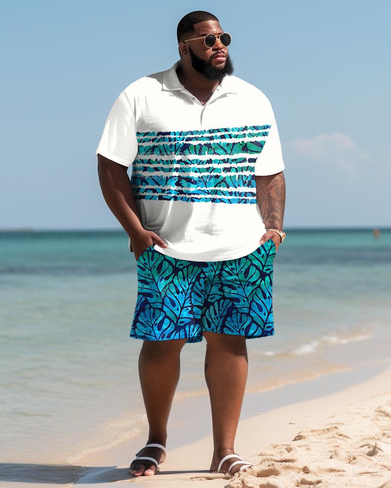 Hawaiian Leaf Striped Shirt And Shorts Two-Piece Men's Plus Size Set