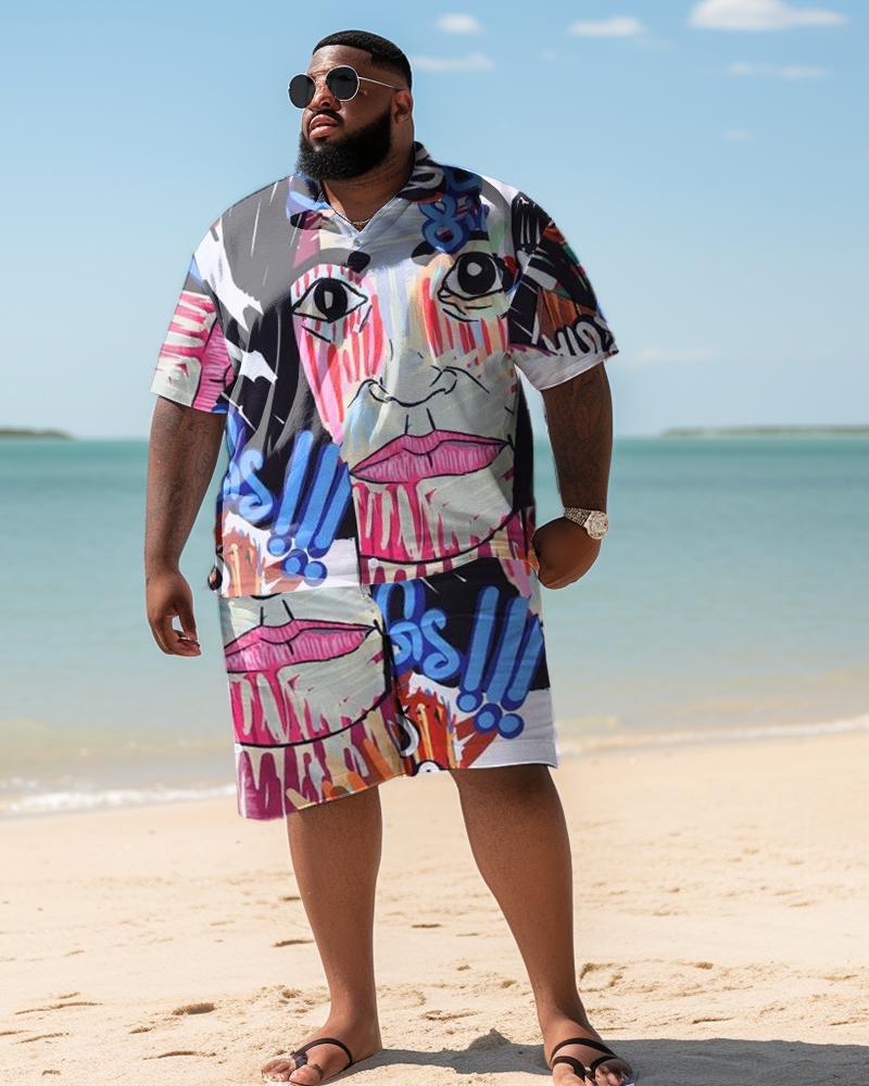 Men's Plus Size Hawaiian Pop Art Two-Piece Set