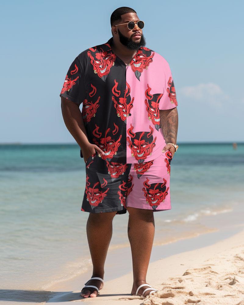 Men's Large Size Hawaiian Color Block Flame Clown Shirt and Shorts Two Piece Set