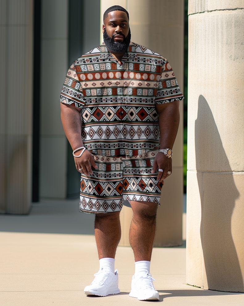 Men's Plus Size Casual Geometric Pattern Street Short Shirt Shorts Suit