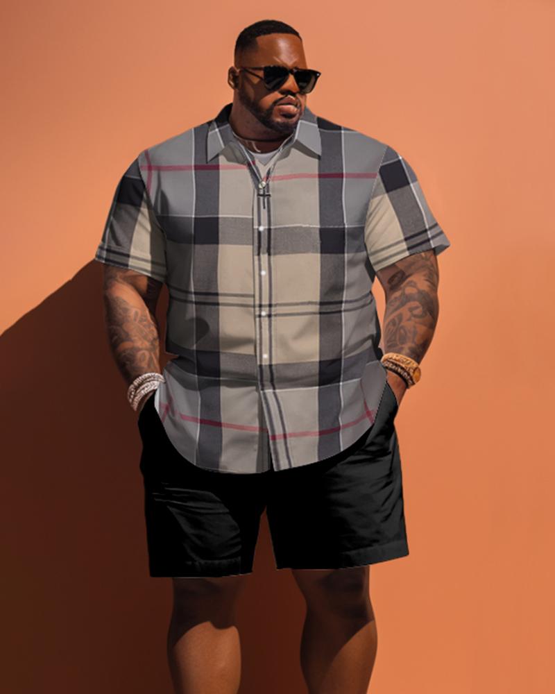 Men's Plus Size Classic Khaki Plaid Short Sleeve Shirt Shorts Set