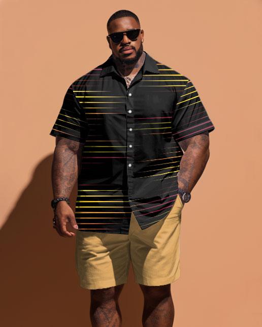 Men's Plus Size Simple Strip Print Short-sleeved Shirt And Shorts Set