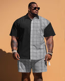 Men's Large Size Classic Plaid Color Block Short Sleeve Shirt Shorts Set