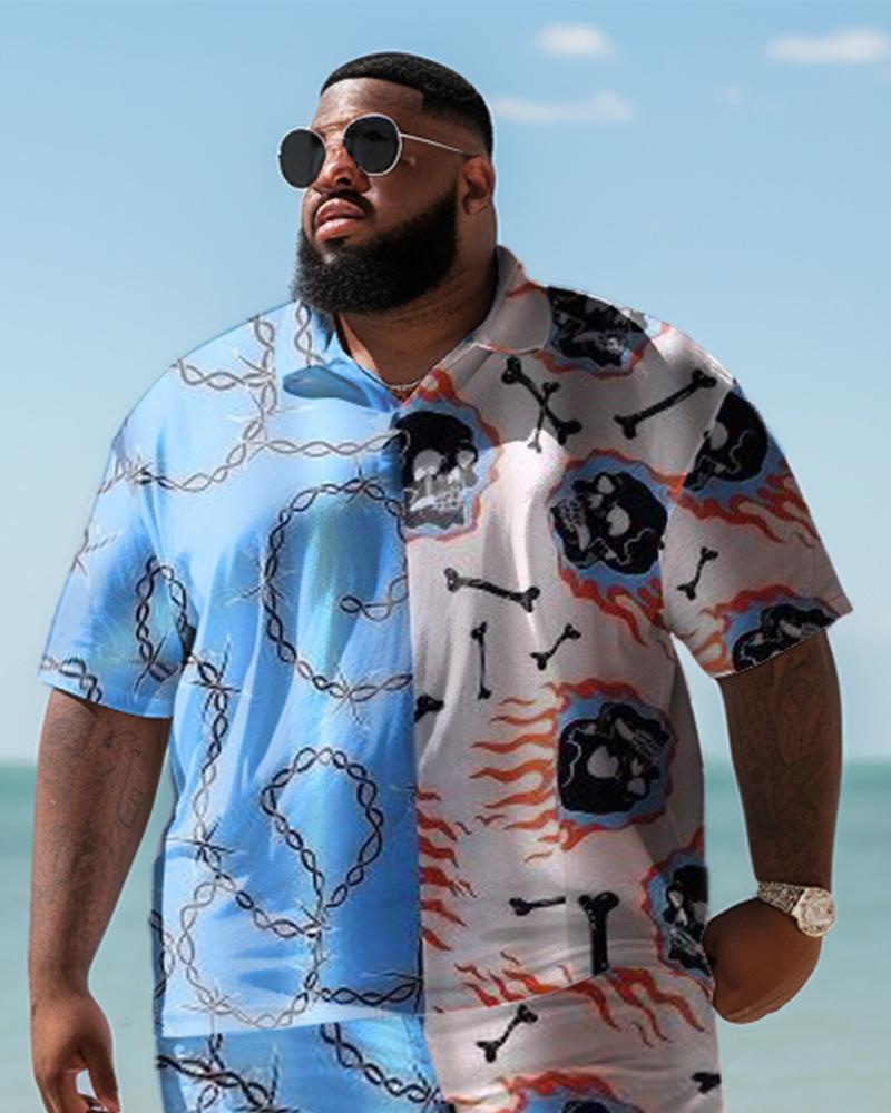 Men's Plus Size Beach Hawaiian Skull Chain Print Two-Piece Set