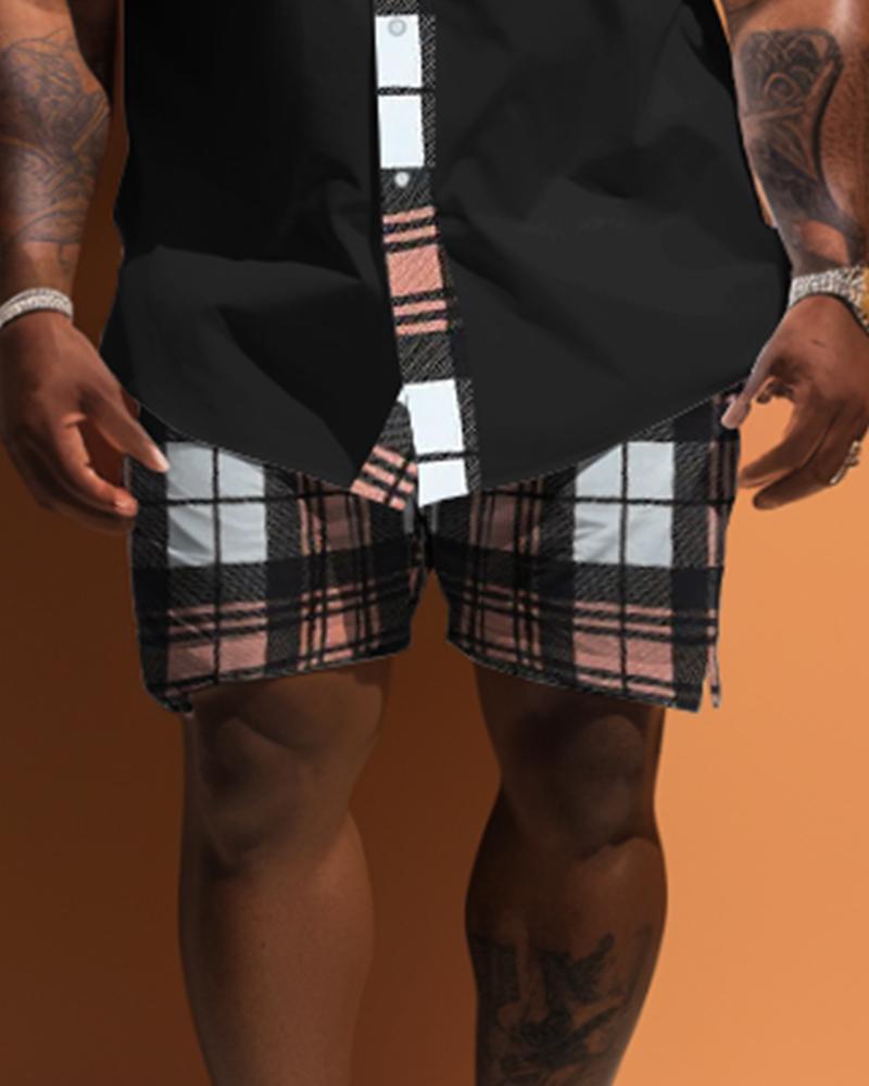 Men's Plus Size Patchwork Plaid Short Sleeve Shirt Shorts Set