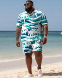 Hawaiian Coconut Colorblock Shirt And Shorts Two-Piece Men's Plus Size Set