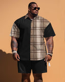 Men's Plus Size Colorblock Plaid Printed Short-sleeved Shirt Shorts Set