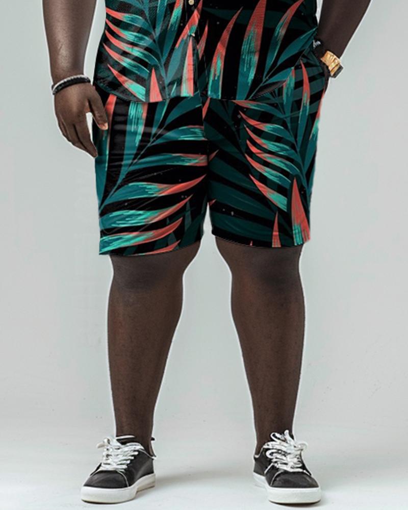 Men's Plus Size Leaf Pattern Short Sleeve Shirt Shorts Set