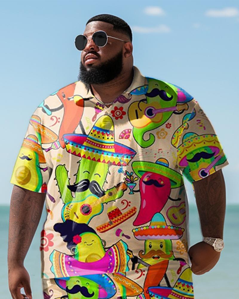 Men's Plus Size Hawaiian Beach Graffiti Print Two-Piece Set