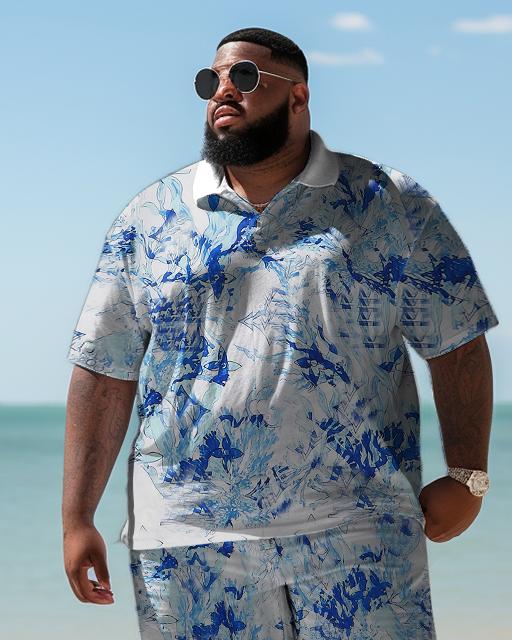 Men's Plus Size Hawaiian Art Wave Color Block Shirt And Shorts Two-Piece Set