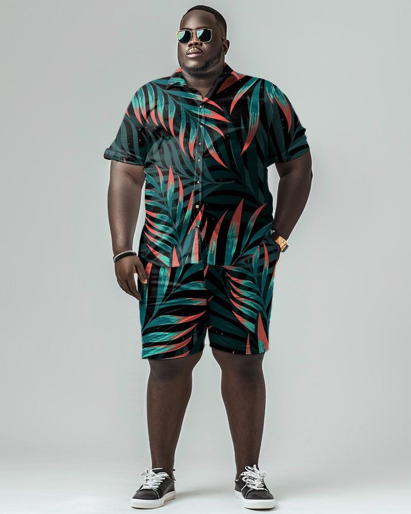 Men's Plus Size Leaf Pattern Short Sleeve Shirt Shorts Set