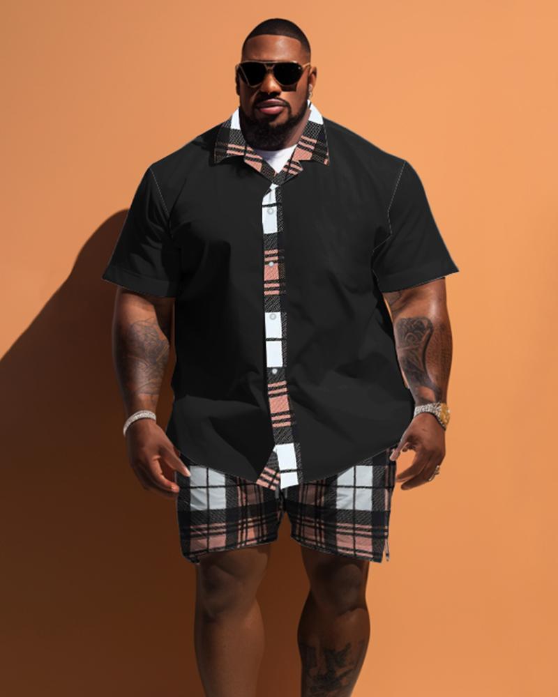 Men's Plus Size Patchwork Plaid Short Sleeve Shirt Shorts Set