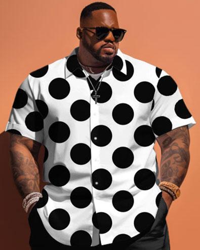 Men's Plus Size Black And White Polka Dot Print Short Sleeve Shirt Shorts Set