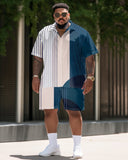 Men's Large Size Striped Color Block Short Sleeve Shirt Shorts Set