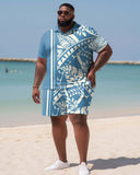 Hawaiian Leaves Colorblock Shirt And Shorts Two-piece Men's Plus Size Set