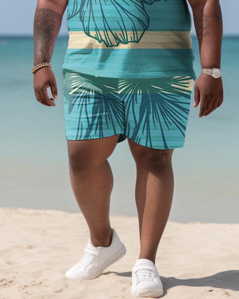 Men's Plus Size Hawaiian Art Coconut Color Block Shirt And Shorts Two-Piece Set