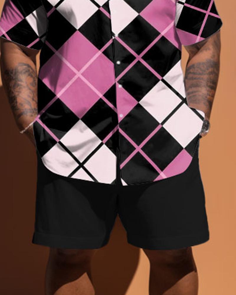 Men's Large Size Diamond Pink Contrast Plaid Short Sleeve Shirt Shorts Set