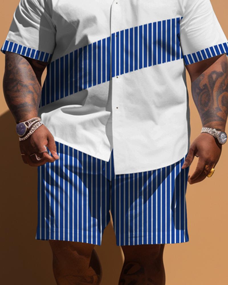 Men's Plus Size Striped Patchwork Short Sleeve Shirt Shorts Set