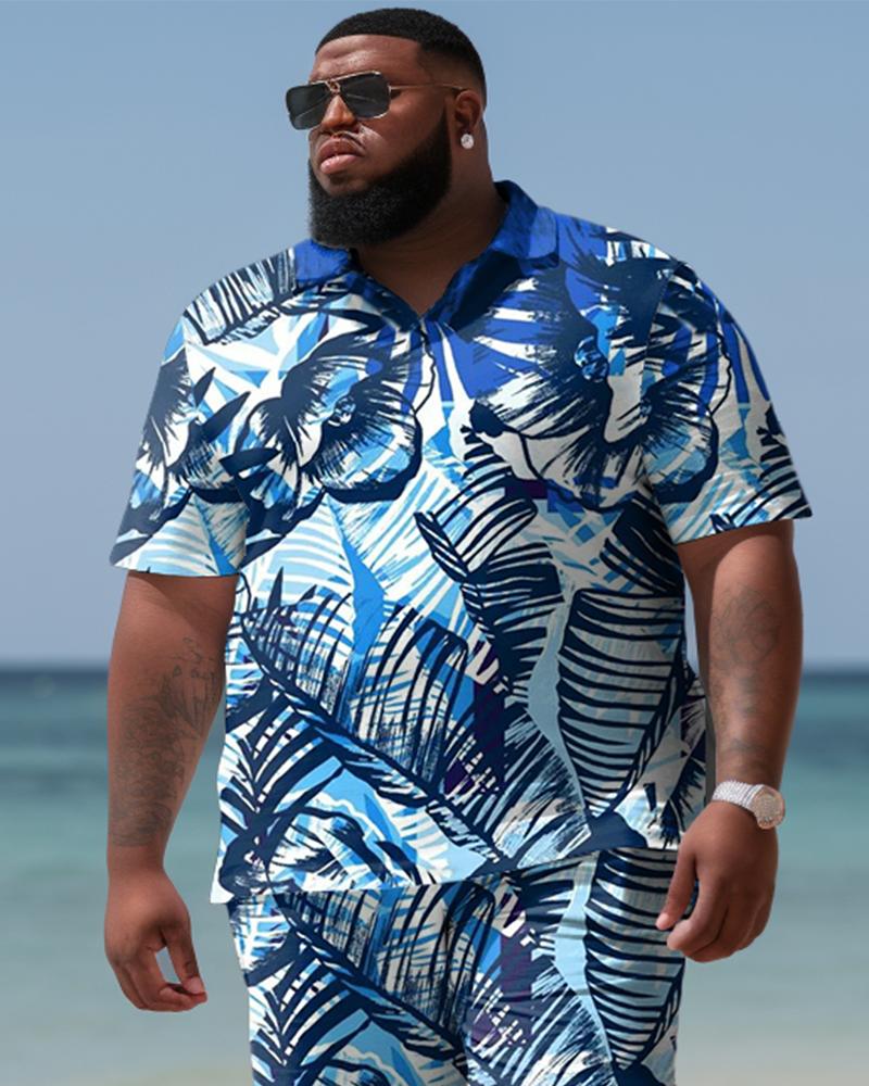 Hawaiian Leaves Colorblock Shirt And Shorts Two-piece Men's Plus Size Set