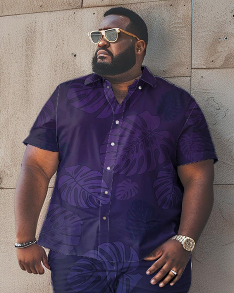 Men's Plus Size Leaf Pattern Short Sleeve Shirt Shorts Set