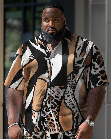 Men's Plus Size Irregular Leopard Print Short Shirt Shorts Suit