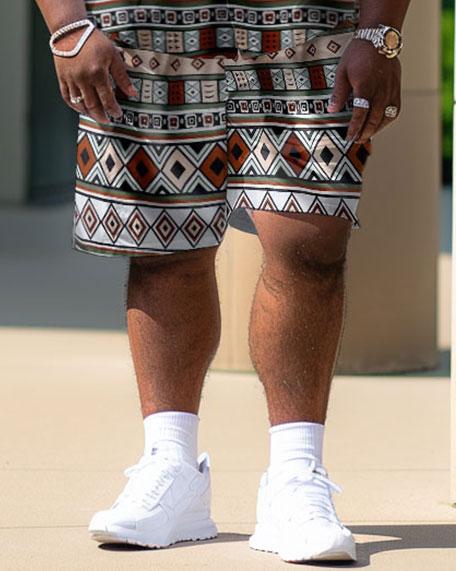 Men's Plus Size Casual Geometric Pattern Street Short Shirt Shorts Suit