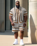 Men's Plus Size Casual Color-Block Striped Street Short Shirt Shorts Suit