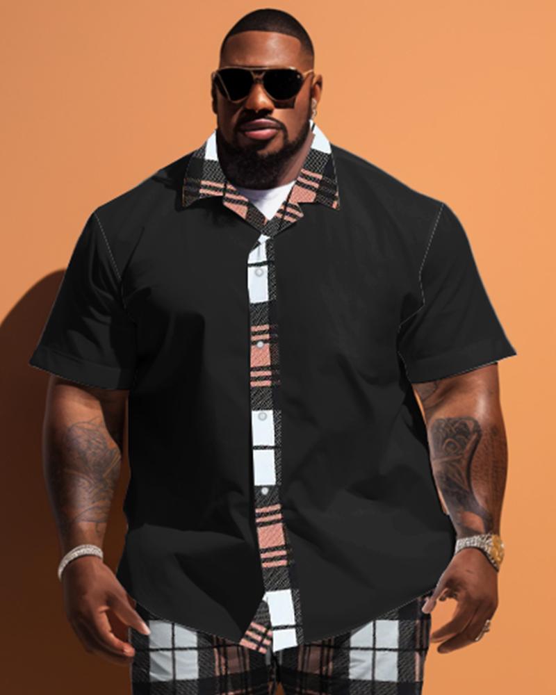 Men's Plus Size Patchwork Plaid Short Sleeve Shirt Shorts Set