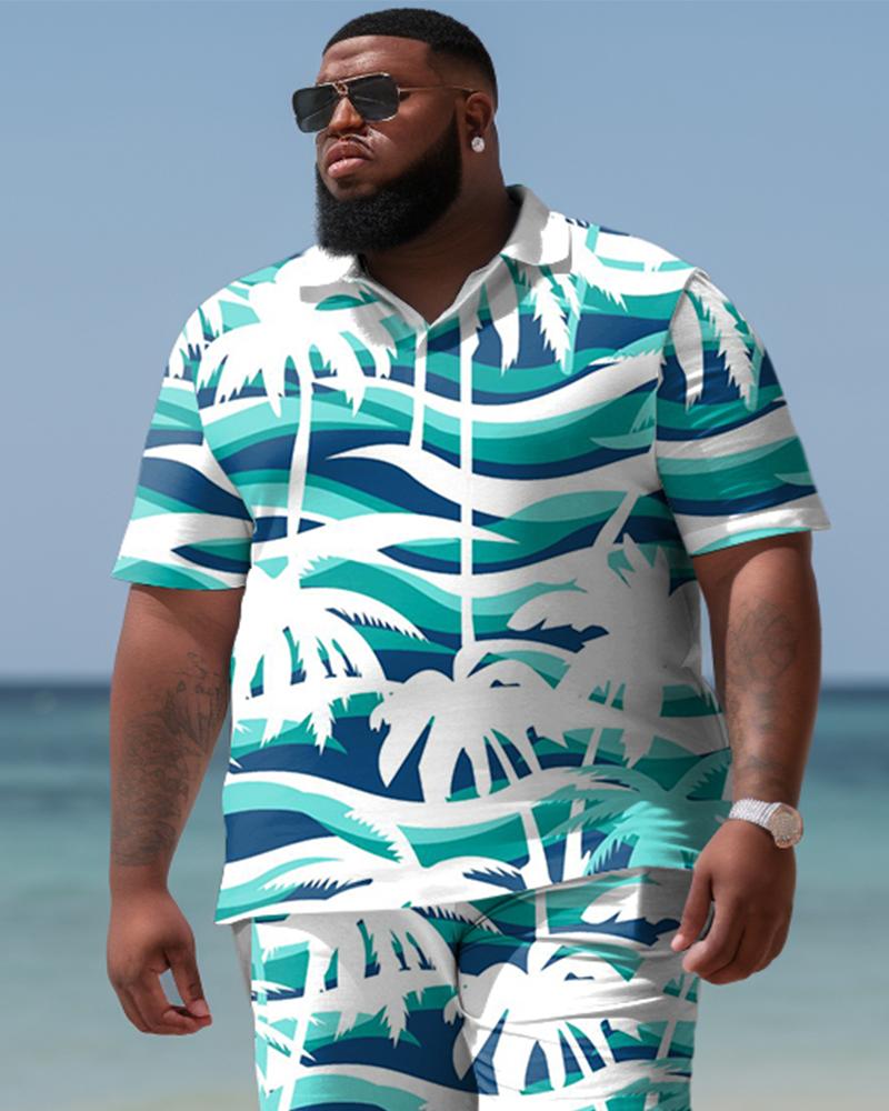 Hawaiian Coconut Colorblock Shirt And Shorts Two-Piece Men's Plus Size Set