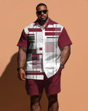 Men's Large Size Simple Geometric Colorblock Pattern Short Sleeve Shirt Shorts Set